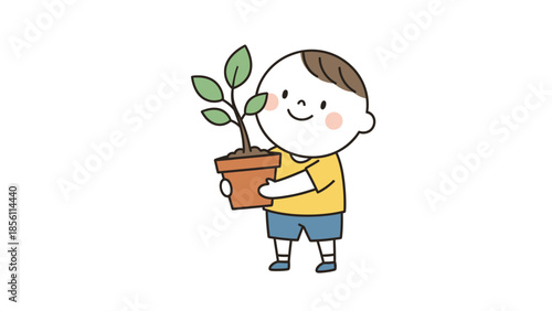 Cartoon Boy Holding Potted Green Plant.