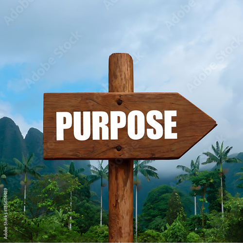 Wooden signpost pointing to purpose in a mountain landscape