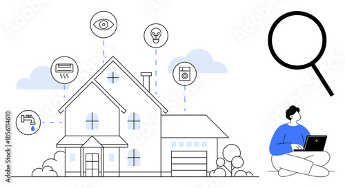 Large house with connected smart devices for energy, security, and appliances. Person using laptop to control technology. Ideal for automation, security, technology, innovation, home efficiency