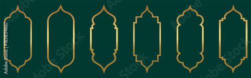 Gold traditional islamic window shape. Luxury golden arabic islamic text bx. Golden ramadan frames, mosque arches, moroccan arabic border or door. Arabic muslim architecture design elements,