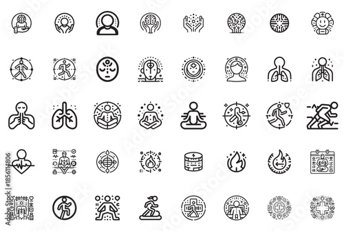 Collection of abstract icons representing health, wellness, and human well-being.