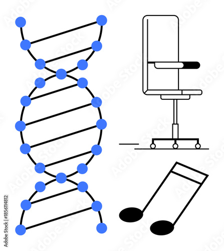 Genetics, workplace ergonomics, music, science, creativity, abstract design. DNA helix, office chair musical note in minimalist composition. Genetics and workplace ergonomics concept