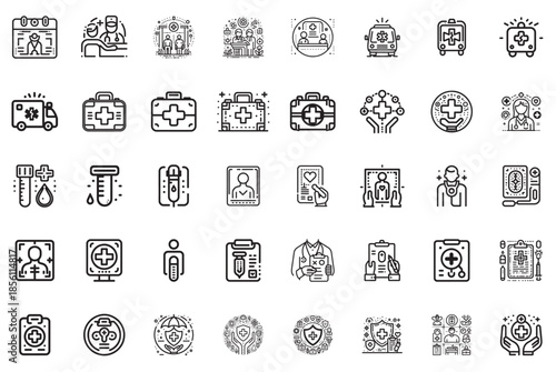 Collection of medical icons representing healthcare, treatment, and well-being.