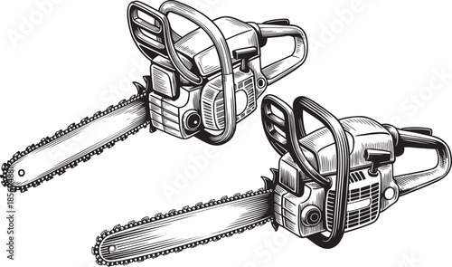 Hand drawn style Chain Saw silhouette set isolated on transparent background