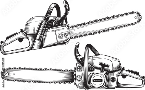Hand drawn style Chain Saw silhouette set isolated on transparent background