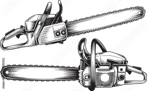 Hand drawn style Chain Saw silhouette set isolated on transparent background