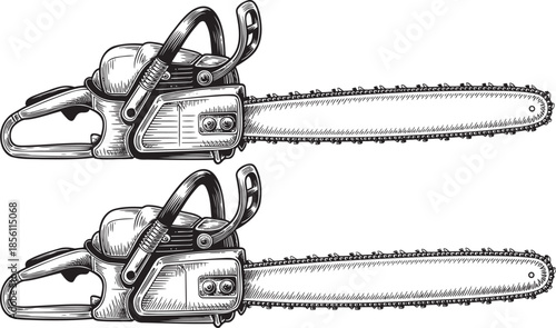 Hand drawn style Chain Saw silhouette set isolated on transparent background