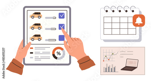 Hands interacting with car selection form on tablet, calendar with notification, chart analysis, laptop with graphs. Ideal for scheduling, planning, data insights, reminders, logistics