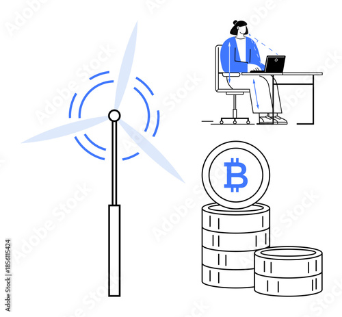 Renewable energy innovation with wind turbines. Renewable energy intersects with cryptocurrency symbols and a remote worker using technology. Perfect for sustainability, clean energy, blockchain