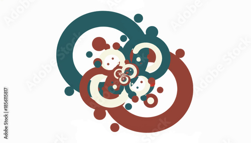 Abstract geometric illustration with overlapping circles and rings. Retro flat design with a textured effect. Dynamic conceptual vector graphic isolated on a white background