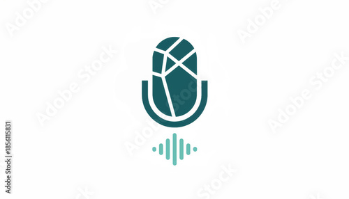 A geometric microphone icon with a sound wave. Minimalist flat vector illustration for a voice assistant or podcast logo. Abstract audio recording symbol isolated on white background