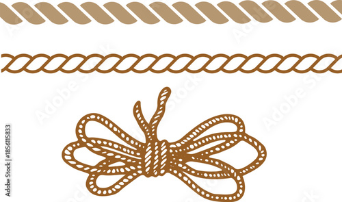 Nautical Rope Borders and Tied Twine Knot Illustration Set. Brown Marine Cord Vector Elements for Rustic Decor, Sailing Themes, and Craft Designs.