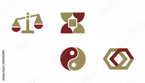 Balance and harmony icon set. Includes scales of justice and yin yang symbols. Abstract geometric vector logo templates.