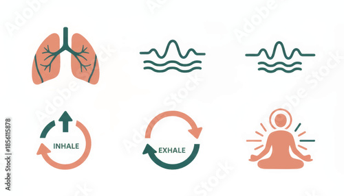 Breathing exercise icon set collection. Vector symbols for inhale, exhale, meditation, and mindfulness. Flat design illustration for wellness apps