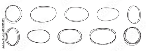 Hand drawn red pen highlight round oval frame set. Handwritten red marker, pencil scribble stroke line oval frame. Brush round frame highlight. Grunge scratch style set. Vector stock illustration 