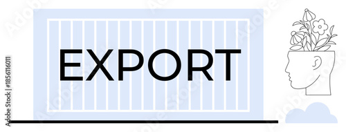 Large export container emphasizes trade, while head with flowers symbolizes creativity and growth. Ideal for trade, innovation, creativity, shipping, international business, growth, global exchange