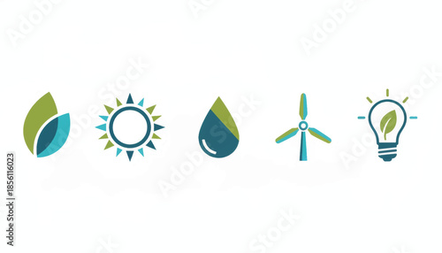 Renewable energy and ecology icon set. Flat design symbols for sustainability. Vector graphics representing solar, wind, water, and green power concepts