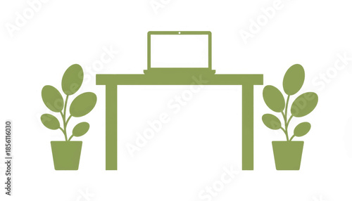 Green office workspace vector illustration. A simple desk with a laptop and potted plants. Minimalist flat design for remote work and eco-friendly concepts