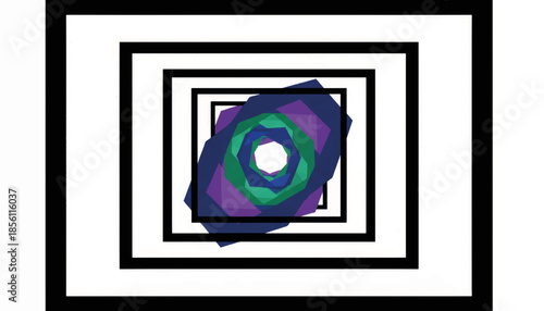 Abstract geometric tunnel illusion vector illustration. Modern op art with a colorful receding vortex. Concentric square frames and a spiral polygon design