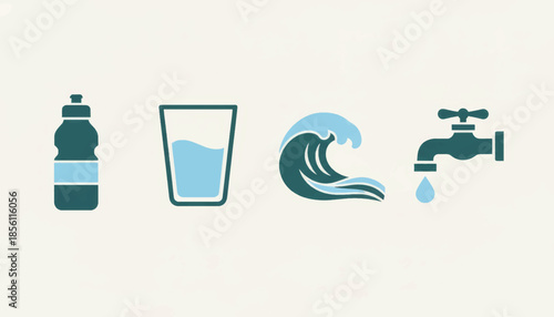 Water and hydration icon set. Flat design vector illustration with bottle, glass, wave, and faucet symbols. Health and environmental conservation concept