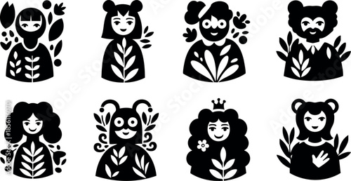 Stylized black silhouette women with floral and animal motifs vector icons set 