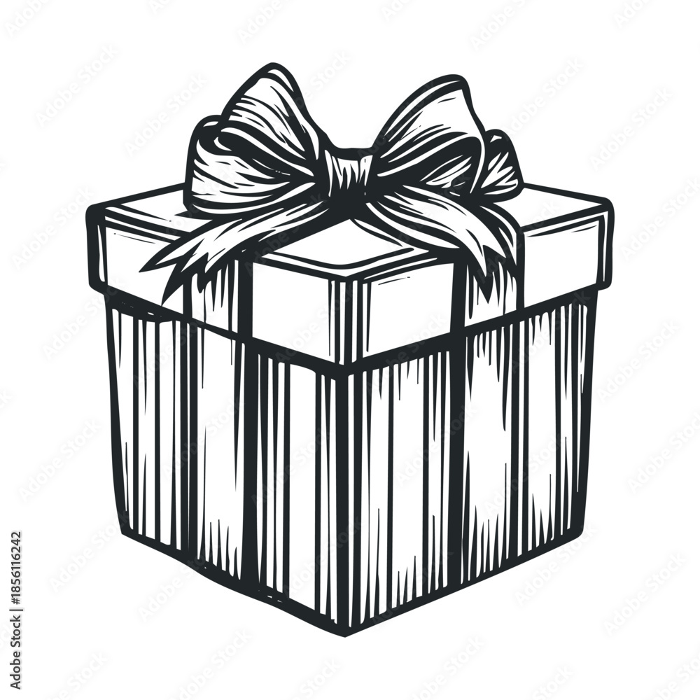 Obraz premium Classic black and white outline drawing of a tied gift box with a decorative bow on top, perfect for holiday greetings, party invitations, or celebration themed promotional materials.