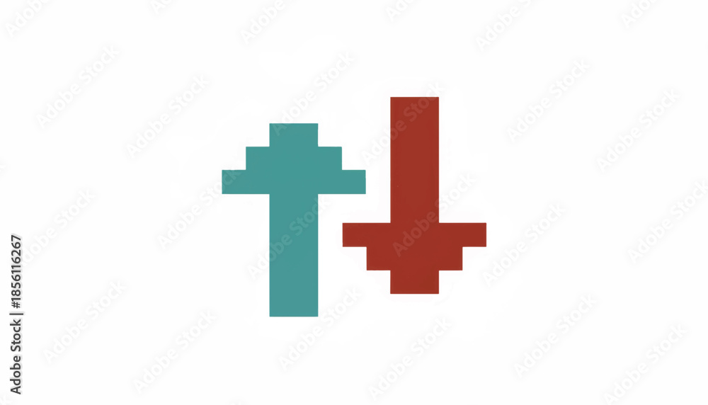 Fototapeta premium Pixelated up and down arrow icon set. Retro 8-bit style vector illustration. Directional symbols for gaming or finance UI