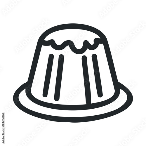 Simple outline drawing of a delicious pudding or jelly dessert served on a plate, perfect for restaurant menus, confectionery branding, food blogs, or sweet recipe books.