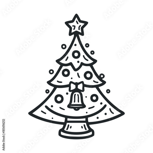 Stylized decorated Christmas tree icon featuring a star topper and bell ornament ideal for festive holiday season marketing materials and cheerful winter celebration projects.