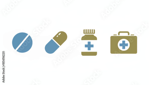 Medical and pharmacy icon set. Pill capsule bottle and first aid kit symbols. Flat design vector illustration