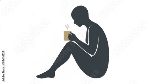 Silhouette of person sitting and drinking tea or coffee. Minimalist vector illustration of human holding steaming mug. Relaxation and comfort concept