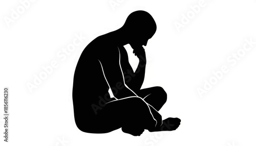 Silhouette of a pensive man sitting on the floor. Thoughtful human figure thinking or worrying. Vector illustration isolated on white background