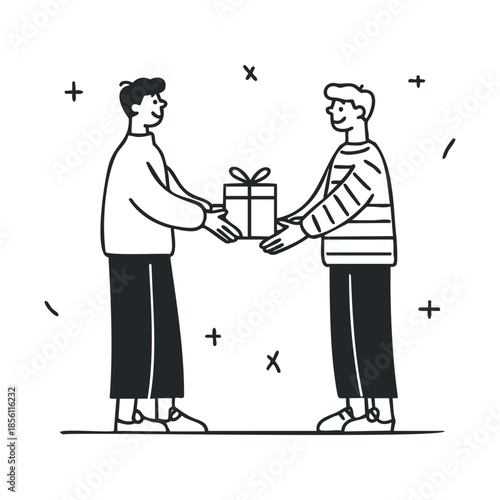 Two men exchanging a present with happy expressions, symbolizing friendship and generosity, ideal for holiday promotions and relationship marketing materials