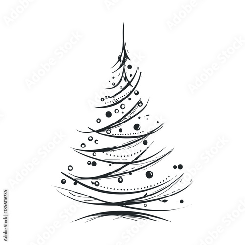 Stylized minimalist black and white Christmas tree with brush stroke texture and decorative ornaments is perfect for holiday greetings and winter celebration marketing materials
