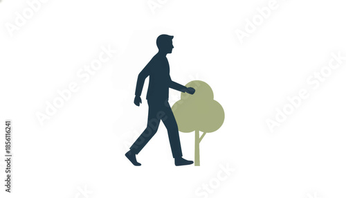 Person walking outdoors near a tree. Flat vector illustration of a man silhouette. Textured graphic element isolated on white