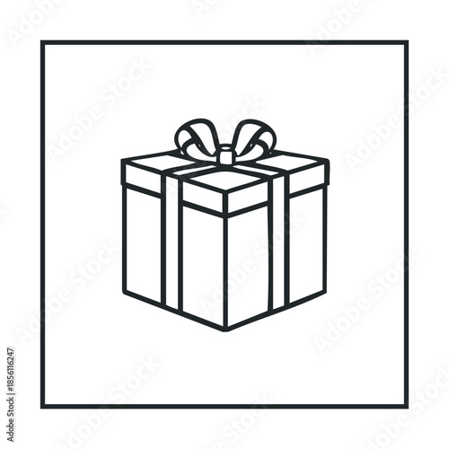 Simple black outline drawing of a gift box with a decorative bow on top, perfect for holiday greetings, celebration announcements, or special offer promotions