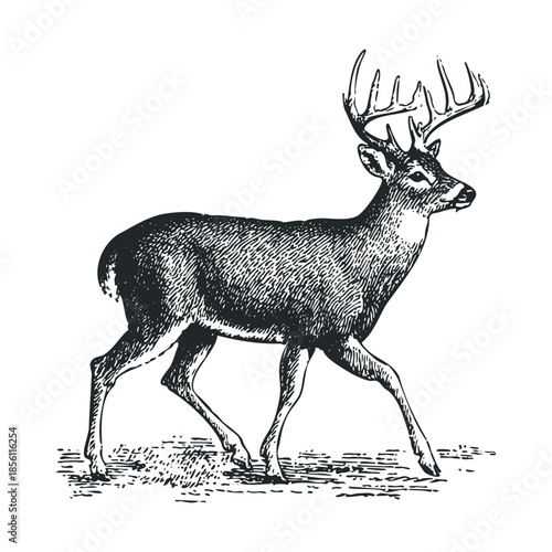 A graceful wild buck with large antlers walks across a natural forest floor, depicted in a classic hand drawn etching style perfect for hunting themed projects and outdoors