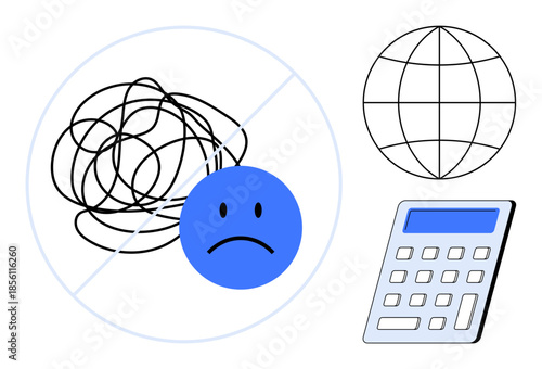 Problem solving, decision making, global issues, technology aid, financial planning, stress management. Sad face with tangled lines, globe and calculator. Stress management and problem solving theme