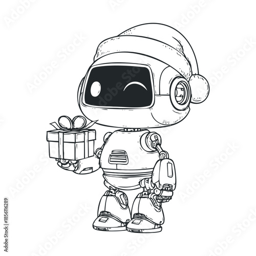 Cute robotic character in a Santa hat winking playfully and offering a wrapped present, great for techthemed holiday promotions and childrens activity books