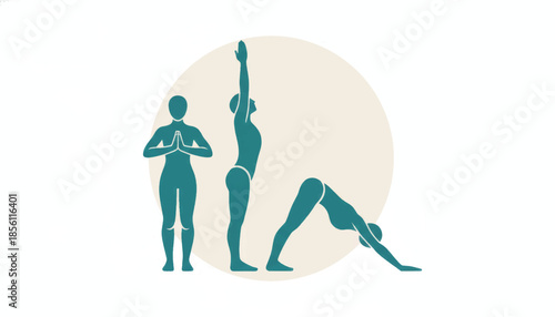 Yoga Sun Salutation poses vector illustration. Minimalist flat design graphic of fitness and wellness sequence. Isolated on white background