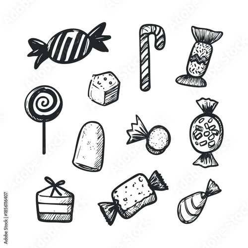 Delicious hand drawn collection of various wrapped candies and sweet treats perfect for food blogs, celebration decorations, and product packaging
