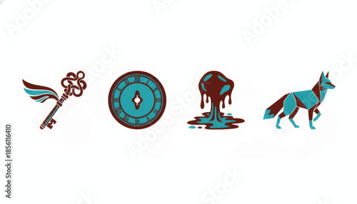 Surreal objects icon set. Winged key, clock, melting blob, and geometric fox. Flat design vector illustration isolated on white background