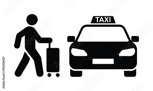 Vector illustration of person with luggage boarding taxi.