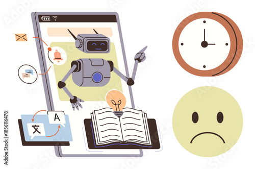 Robot teaching from smartphone screen with open book, translation tools, clock, sad face, and email icon. Ideal for education, online learning, AI tutoring, time management study habits digital