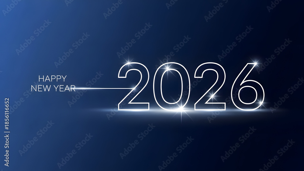 Obraz premium A neon-lit 2026 Happy New Year celebration against a dark blue gradient background with glowing effects