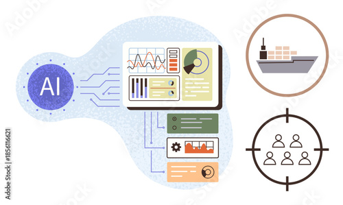 AI module processing analytics data, dashboard visuals, cargo ship, target group symbol. Ideal for technology, AI innovation, logistics, business optimization, team strategy data-driven decisions