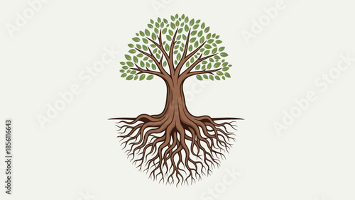 Tree with Visible Roots and Leaves.