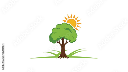 Green Tree with Brown Trunk and Sun.
