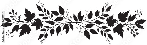 A delicate black floral branch design with leaves and stems ideal for borders or decorative elements