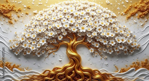 3D floral tree art with white blossoms, golden branches. Sophisticated, decorative design. Intricate details, elegant forms. Ideal for modern interior designs